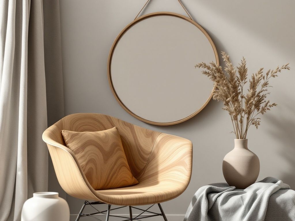 A photorealistic shot capturing a close-up of Scandinavian-style furniture and decor elements, showcasing organic shapes and natural materials. The image includes a curved wooden chair, a round mirror with a simple frame, and a vase with dried flowers, all set against a neutral background.