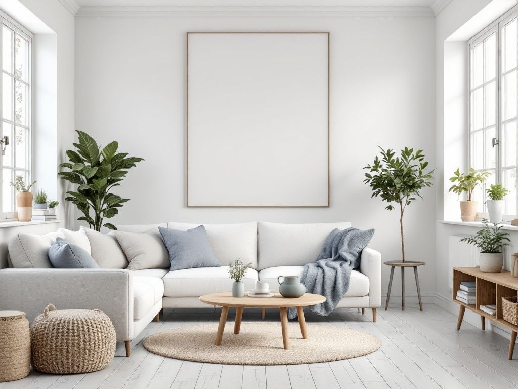 A photorealistic shot capturing a Scandinavian-style room showcasing the typical color palette. The walls are painted in a soft white, with light grey accents. Natural wood furniture and flooring add warmth, while pops of muted blue and green in textiles and accessories provide subtle color. Plenty of natural light enhances the airy feel of the space.