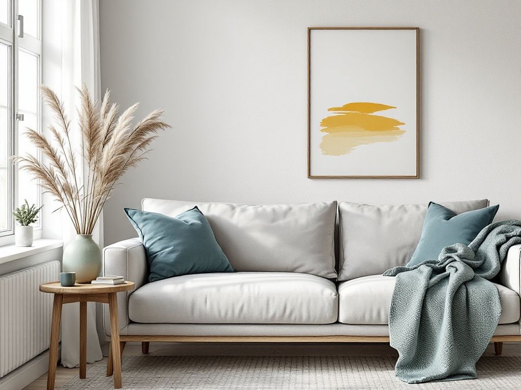 A photorealistic shot capturing a Scandinavian-style living room corner showcasing nature-inspired accent colors. A plain light grey sofa is adorned with cushions in muted sage green and soft blue. A simple wooden side table holds a vase with dried grasses, while a minimalist art print on the white wall incorporates subtle hints of mustard yellow.