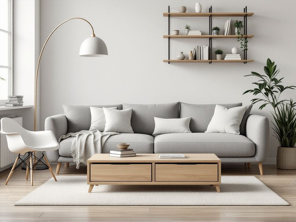 A photorealistic shot capturing a Scandinavian-style living room showcasing functional yet aesthetic furniture. A simple light wood coffee table with storage drawers sits in front of a plain grey modular sofa. A minimalist floor lamp arches over an Eames-style chair, while open shelving on the wall displays a few carefully chosen decorative items and books.