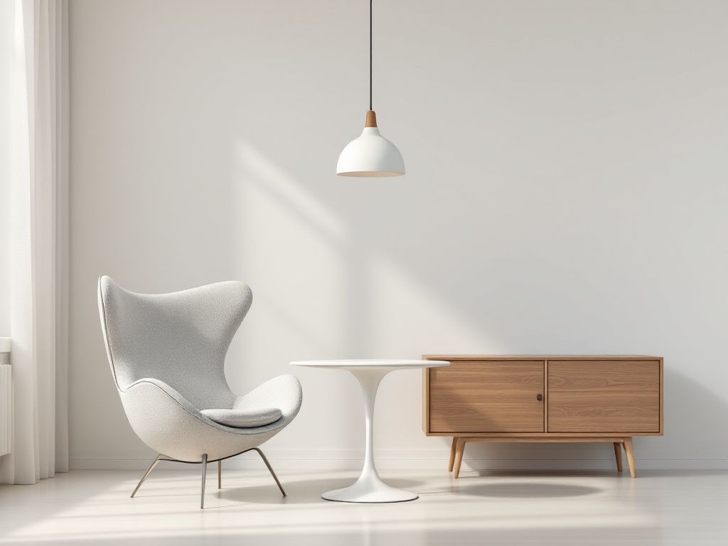 A photorealistic shot capturing iconic Scandinavian furniture pieces in a minimalist setting. The image showcases an Egg chair by Arne Jacobsen in light grey wool, a Tulip table by Eero Saarinen, and a PH5 pendant lamp by Poul Henningsen hanging above. A simple wooden sideboard completes the scene, demonstrating the blend of curved and straight lines typical of Nordic design.
