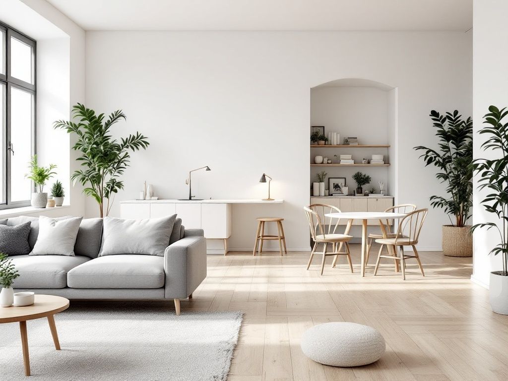 A photorealistic shot capturing a Scandinavian-style open-plan living area that seamlessly blends different functional zones. The image shows a living room with a simple grey sofa and wooden coffee table transitioning into a dining area with a round white table and iconic wishbone chairs. A small home office nook is visible in the background, featuring a minimalist desk and chair. Consistent use of light wood flooring, white walls, and carefully chosen accessories unify the space.