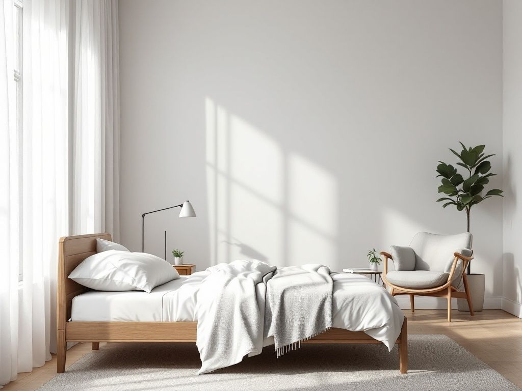 A photorealistic shot capturing a serene Scandinavian-style bedroom. The room features a simple wooden bed frame with crisp white bedding and a light grey throw. A minimalist bedside table holds a sleek table lamp and a small plant. Sheer white curtains frame a large window, allowing plenty of natural light. A cozy reading nook with a simple armchair and floor lamp is visible in the corner.