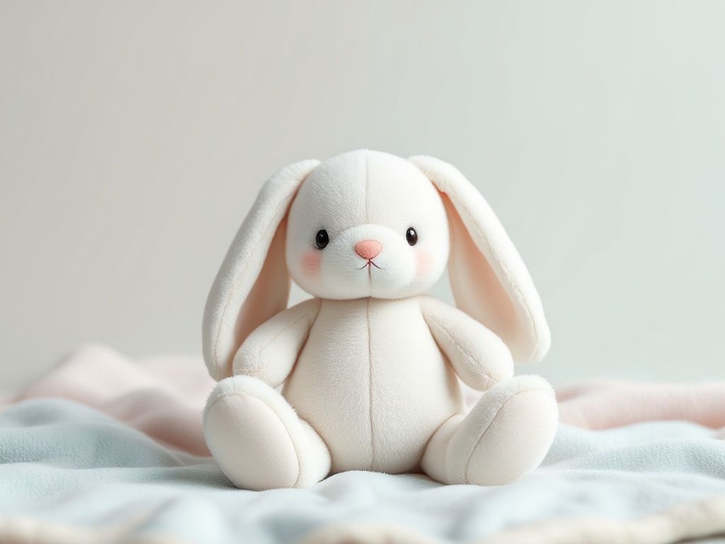 A photorealistic shot capturing a plain, soft plush bunny toy with floppy ears and a cute expression, sitting on a pastel-colored blanket