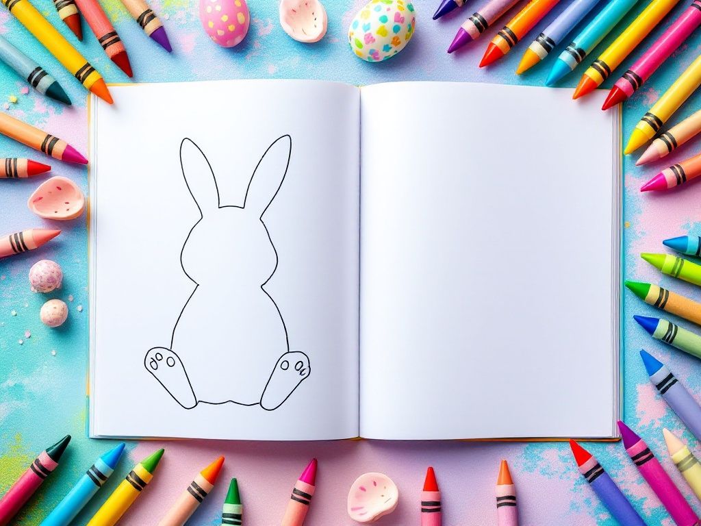 A photorealistic shot capturing a colorful Easter-themed coloring book open to a page with a simple bunny outline, surrounded by a set of vibrant crayons and markers