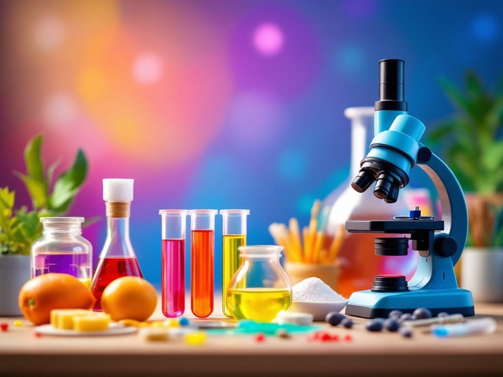 A photorealistic shot capturing a simple science experiment kit for children, featuring colorful test tubes, a small microscope, and safe household ingredients arranged neatly on a table