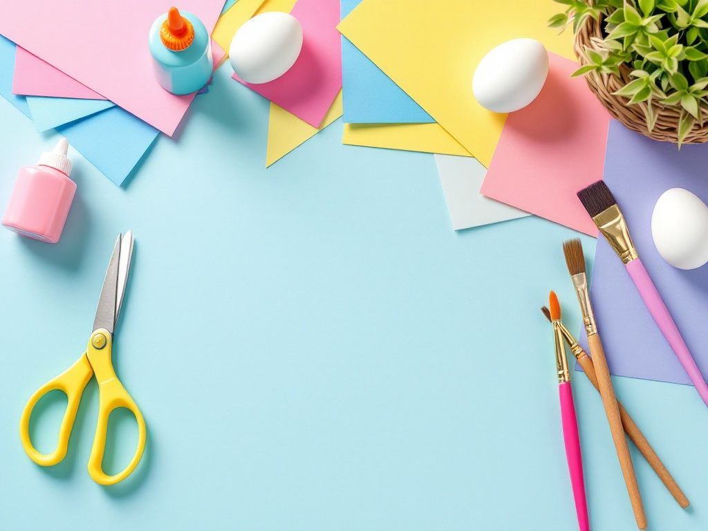 A photorealistic shot capturing a DIY Easter craft kit laid out on a table, featuring colorful paper, child-safe scissors, glue, paintbrushes, and a few plain white polystyrene eggs ready for decoration