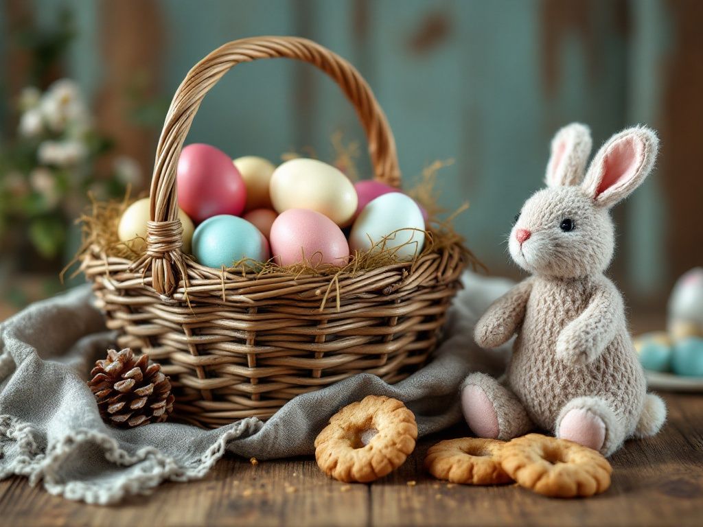A photorealistic shot capturing a traditional Easter basket filled with naturally dyed eggs, a small handmade plush bunny, and some homemade cookies, all arranged on a rustic wooden table