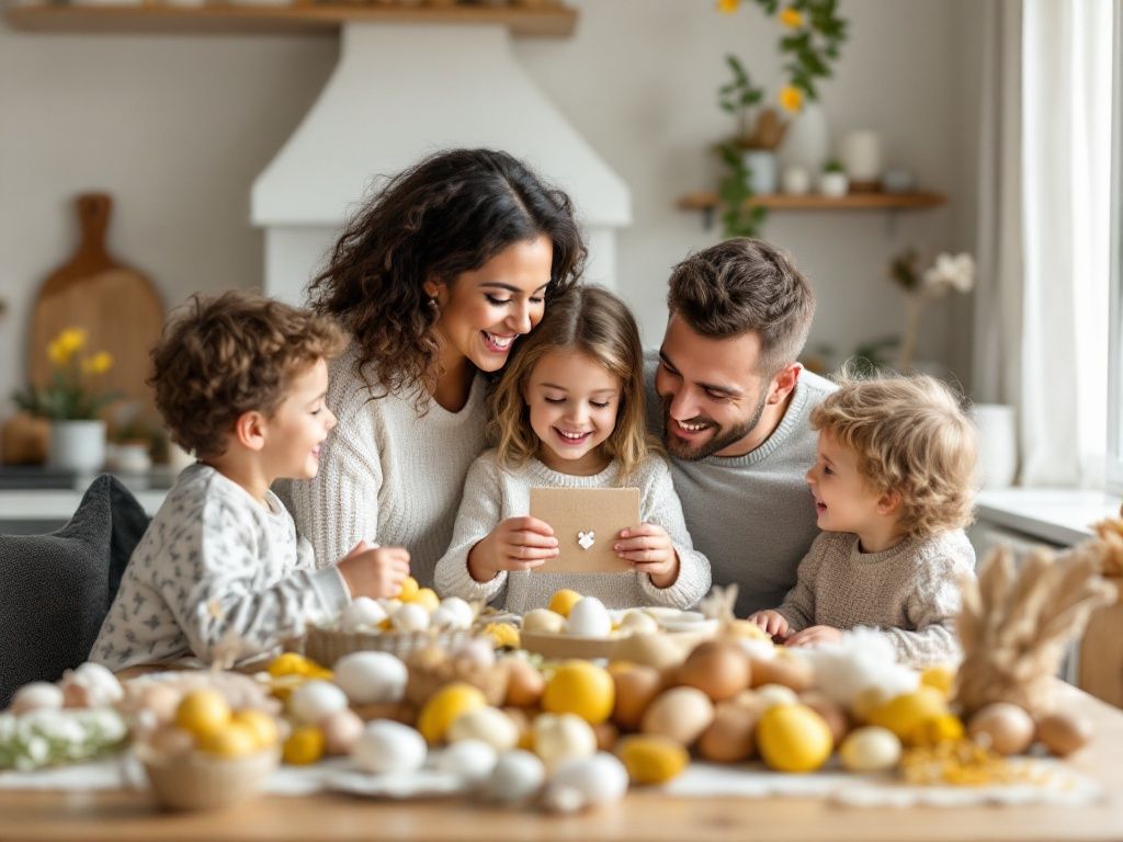A photorealistic shot capturing a warm family moment on Easter morning, with parents and children gathered around a table filled with simple, handmade Easter gifts and decorations, all smiling and enjoying each other's company
