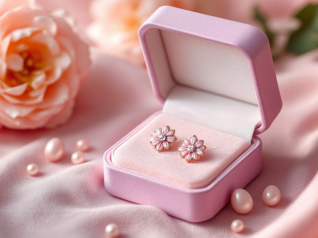 A photorealistic shot capturing an elegant Easter-themed jewelry box containing delicate floral-inspired earrings and a necklace with a subtle egg-shaped pendant