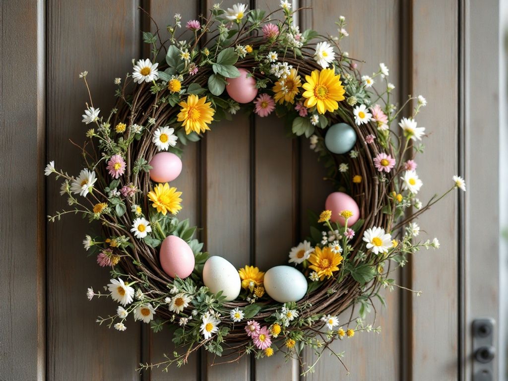 A photorealistic shot capturing a handmade Easter wreath with natural elements like twigs, painted eggs, and spring flowers, displayed on a rustic wooden door