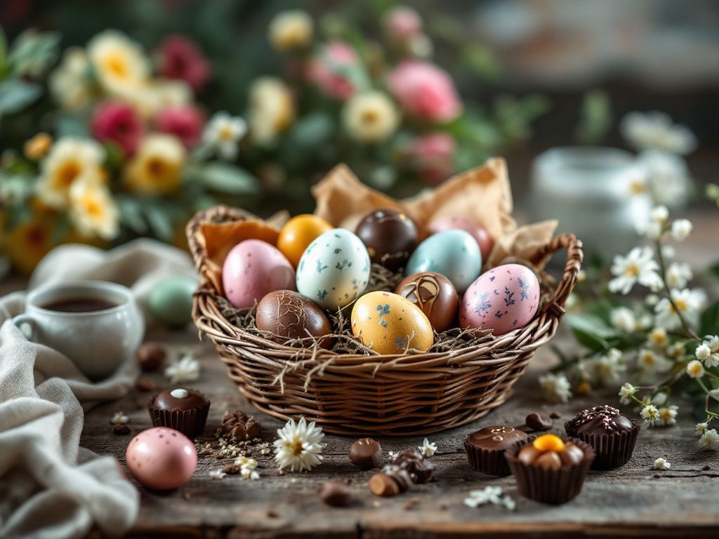 A photorealistic shot capturing an artisanal Easter food basket filled with homemade cozonac, painted eggs, and gourmet chocolates, arranged on a rustic wooden table with spring flowers