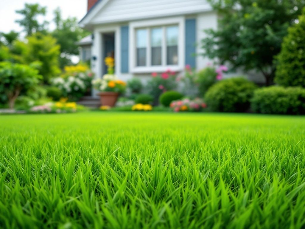 A photorealistic shot capturing a lush, vibrant green lawn in front of a residential home, showcasing a perfect, well-maintained grass surface