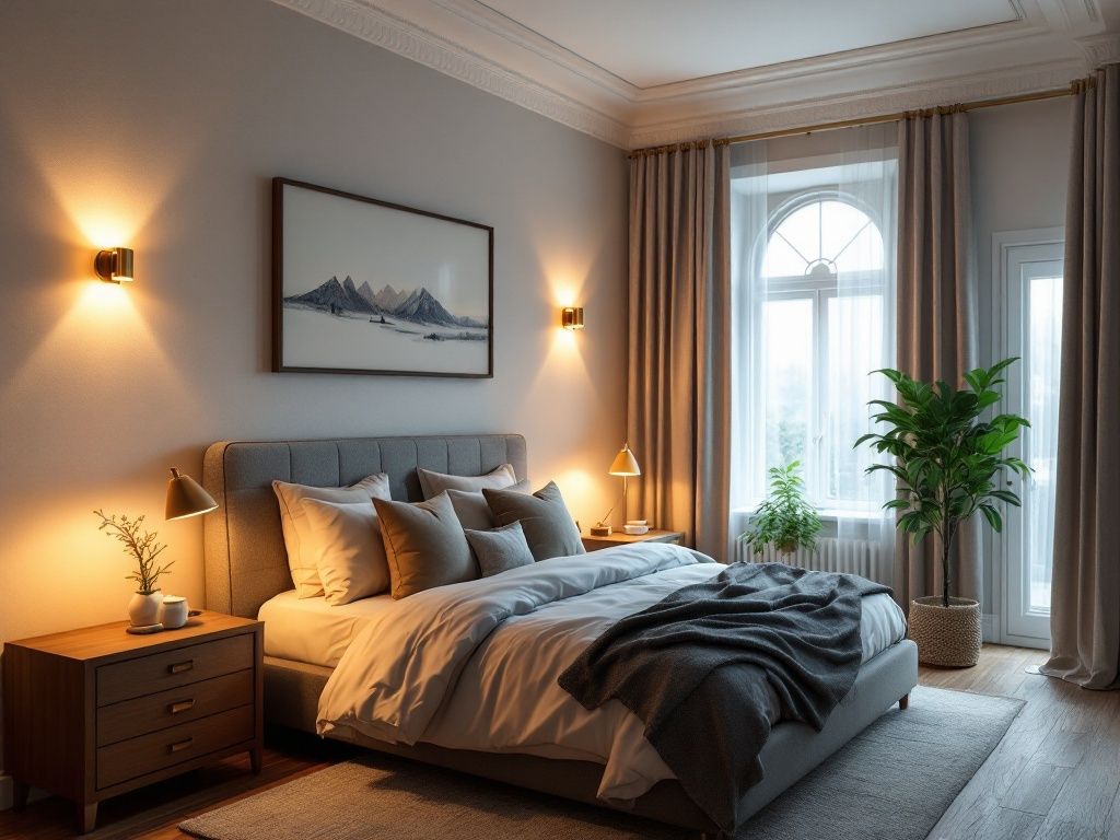 A photorealistic shot capturing a bedroom with layered lighting creating a cozy ambiance. The room showcases a combination of warm general lighting from a ceiling fixture, accent lighting from wall sconces, and task lighting from bedside lamps, all working together to create a relaxing atmosphere.