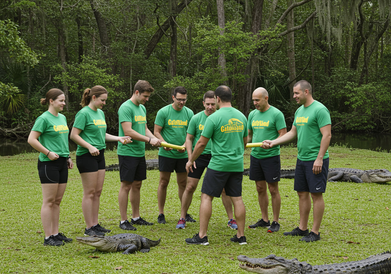 Team members participating in a trust-building activity at Gatorland