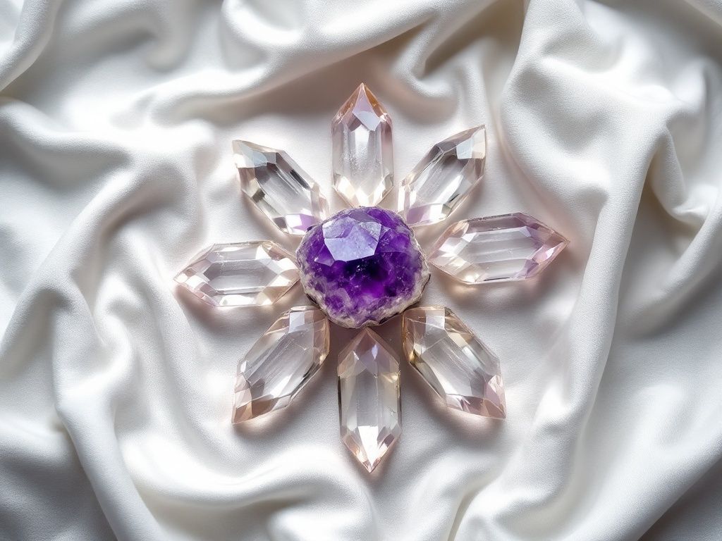 A photorealistic shot capturing an overhead view of a simple, star-shaped crystal grid on a plain white cloth. The grid consists of a large amethyst crystal in the center, with clear quartz points forming the star's rays. Soft, diffused lighting highlights the natural textures and colors of the crystals.