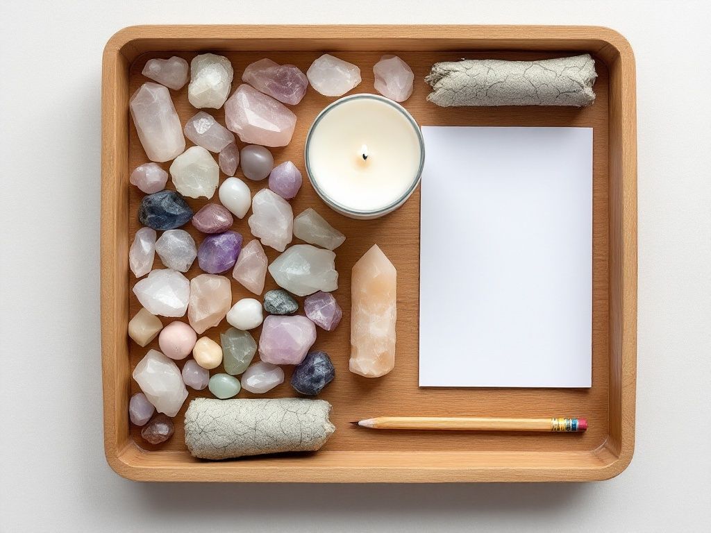 A photorealistic shot capturing a flat lay of materials needed for creating a crystal grid. The image shows a plain wooden tray containing an assortment of unadorned crystals of various sizes and colors, a simple white candle, a bundle of dried sage, a plain piece of paper, and a simple wooden pencil. The items are arranged neatly but not in any specific pattern, creating a sense of preparation for a crystal grid ritual.