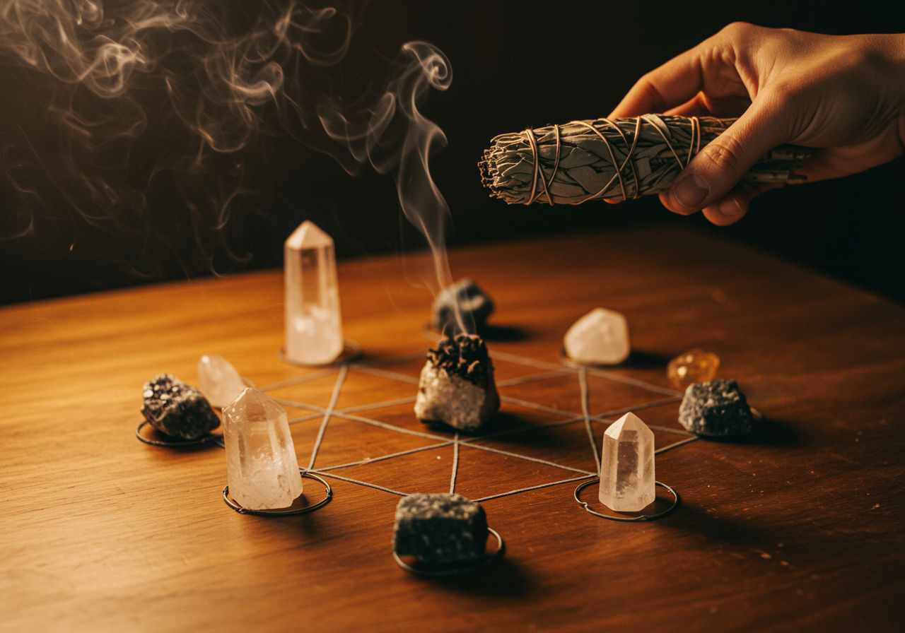 A photorealistic shot capturing a simple crystal grid being cleansed with sage smoke. The grid is arranged on a plain wooden surface, featuring various unadorned crystals in a geometric pattern. A hand holds a bundle of dried sage, with wisps of smoke curling around the crystals. Soft, warm lighting creates a mystical atmosphere, emphasizing the cleansing ritual.