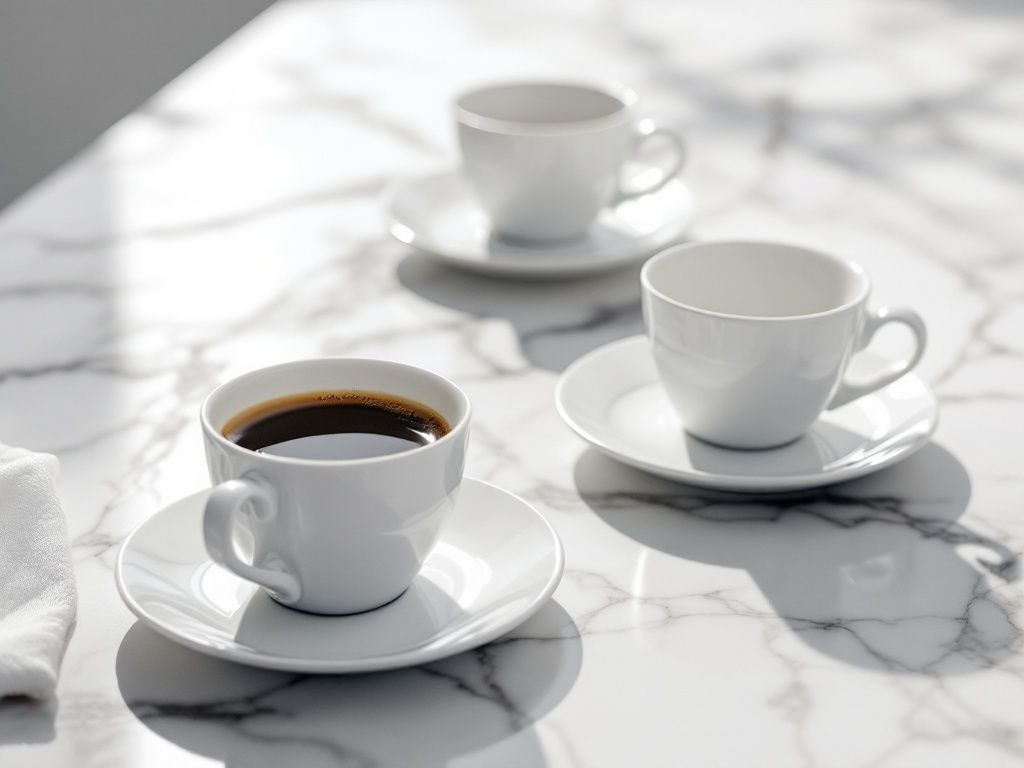 Masa din marmura cu cesti de cafea pe ea