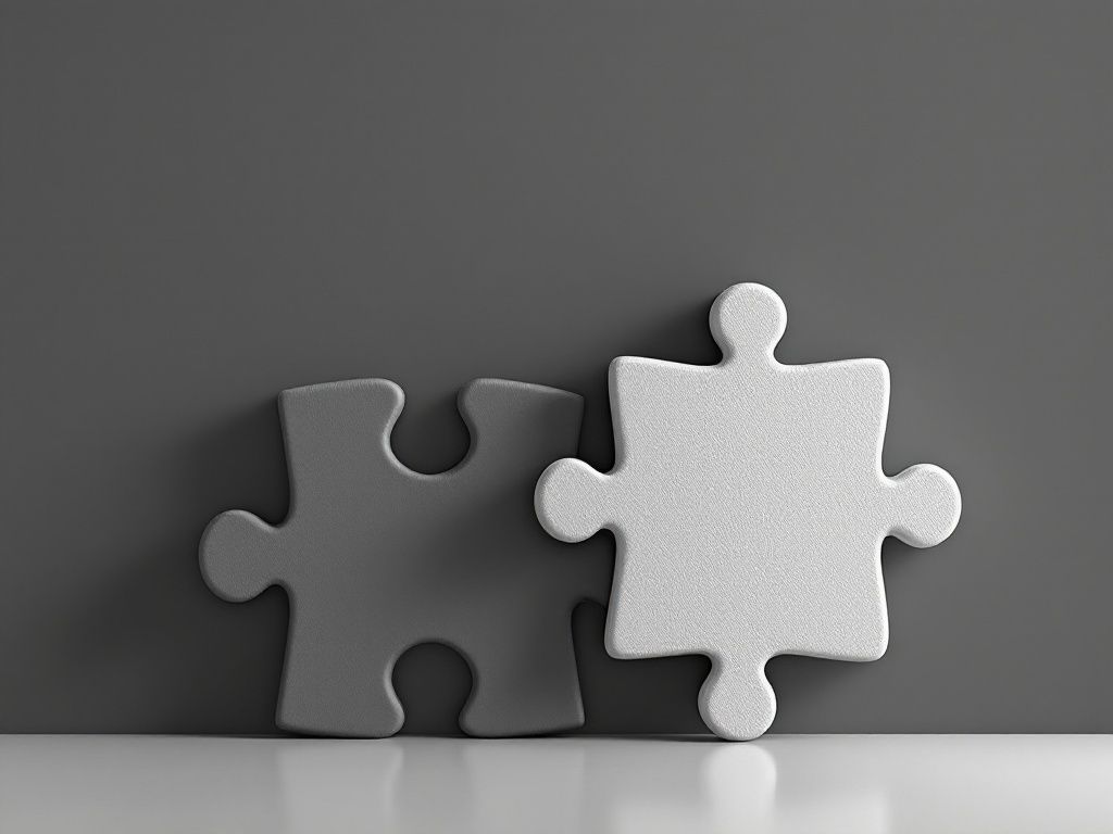 A photorealistic shot capturing a simple, unadorned puzzle piece fitting into a larger puzzle against a plain background, symbolizing problem-solving and overcoming challenges