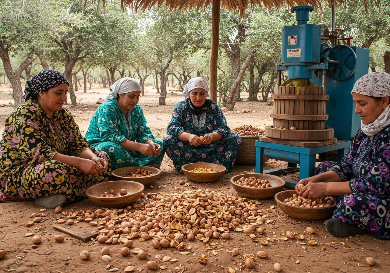 A photorealistic shot capturing the traditional argan oil extraction process, showing Moroccan women cracking argan nuts by hand and a cold-press machine in the background, emphasizing the artisanal and natural production method