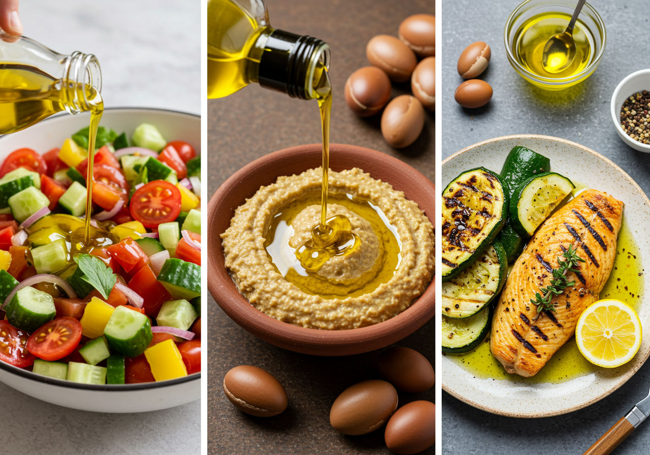 A photorealistic shot capturing various culinary uses of argan oil: a colorful salad being drizzled with argan oil dressing, a bowl of traditional Moroccan amlou spread, and a plate of grilled vegetables and fish garnished with argan oil, showcasing its versatility in cooking