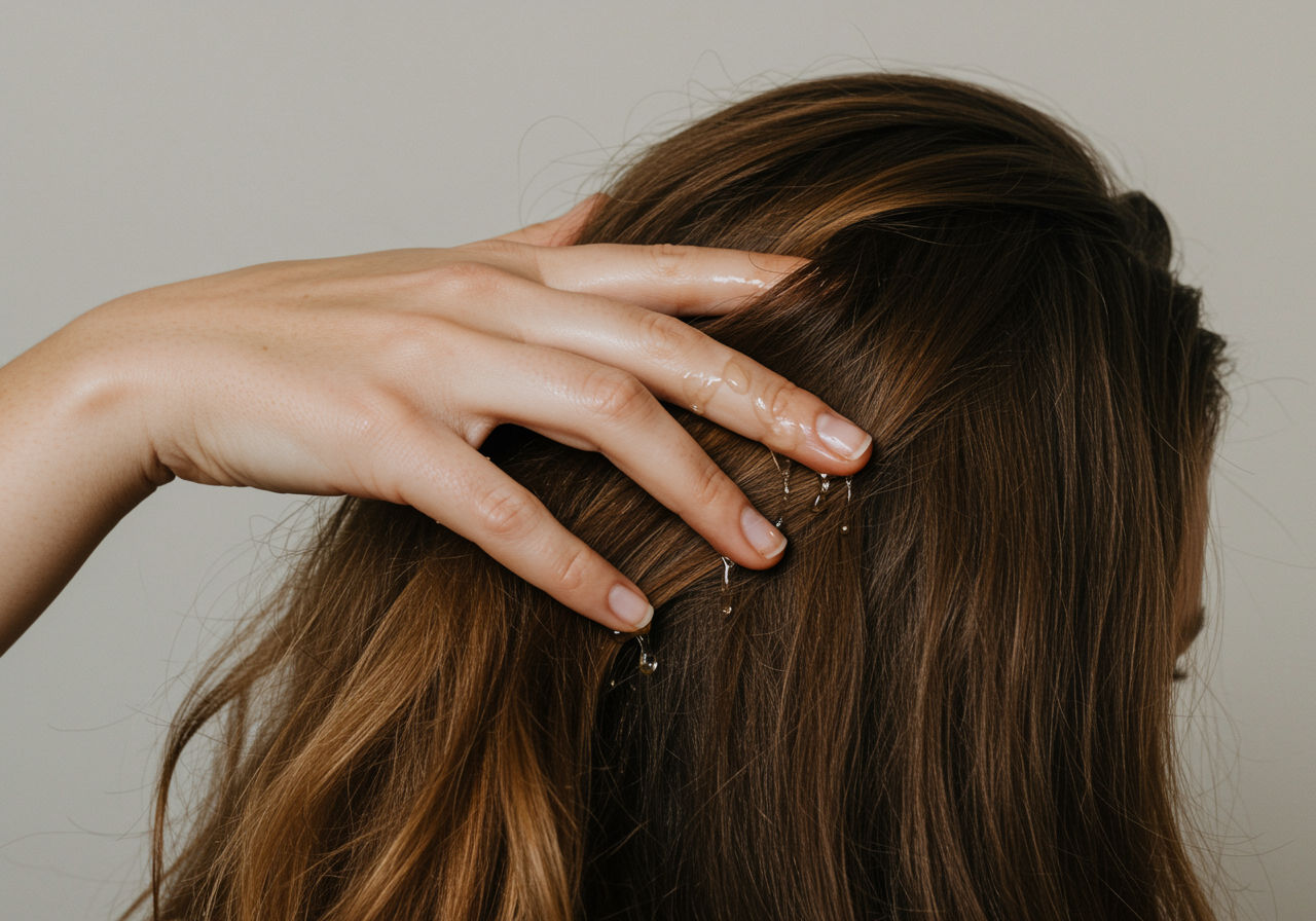 A photorealistic shot capturing a person with long, healthy hair applying castor oil to their scalp, focusing on the fingertips massaging the oil into the roots