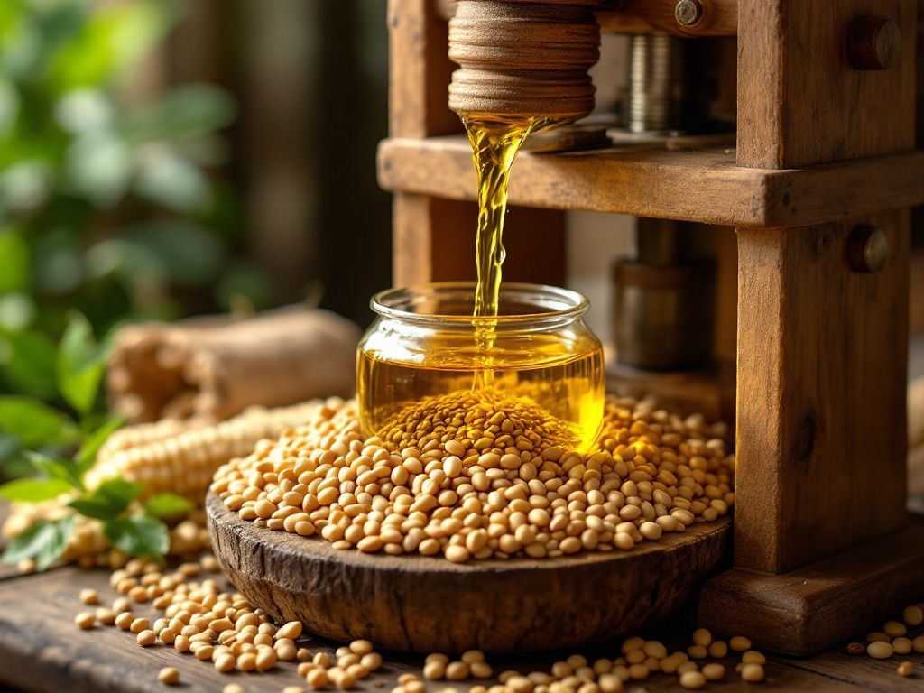 A photorealistic shot capturing the cold-pressing process of castor seeds, showing the seeds being crushed in a traditional wooden press with golden oil flowing into a glass container