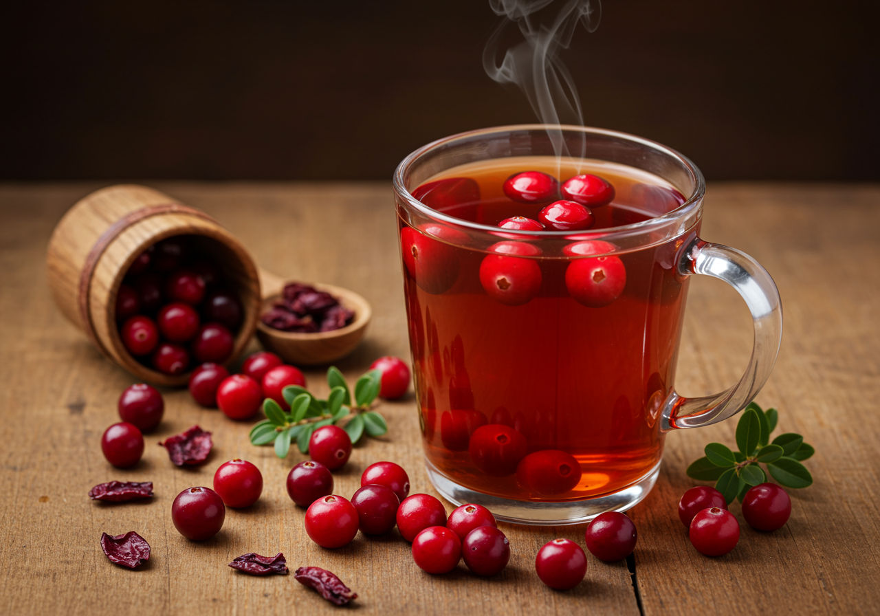 A photorealistic shot capturing a steaming cup of cranberry tea on a wooden table, with fresh cranberries and dried cranberry leaves scattered around, showcasing the natural ingredients and inviting warmth of the beverage
