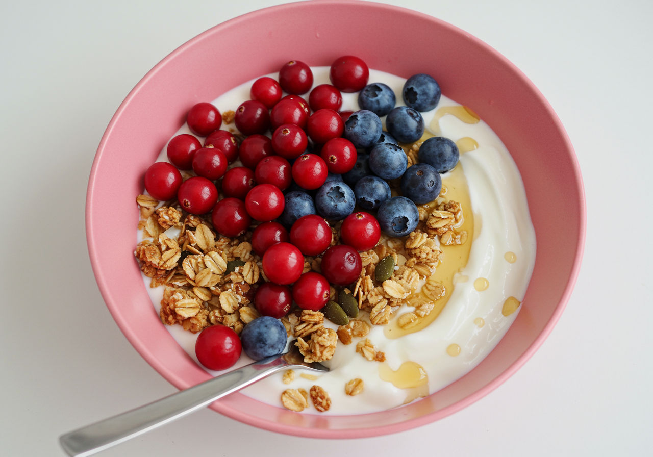 A photorealistic shot capturing a colorful and appetizing breakfast bowl filled with yogurt, topped with a mix of fresh cranberries and blueberries, sprinkled with granola and a drizzle of honey, showcasing a healthy and delicious way to incorporate these berries into a daily diet