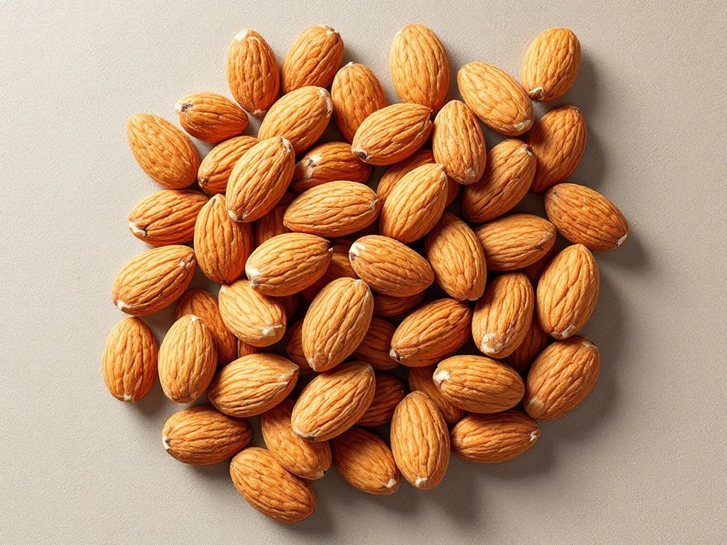 A photorealistic shot capturing a nutritional chart of almonds, highlighting protein, fat, and fiber content