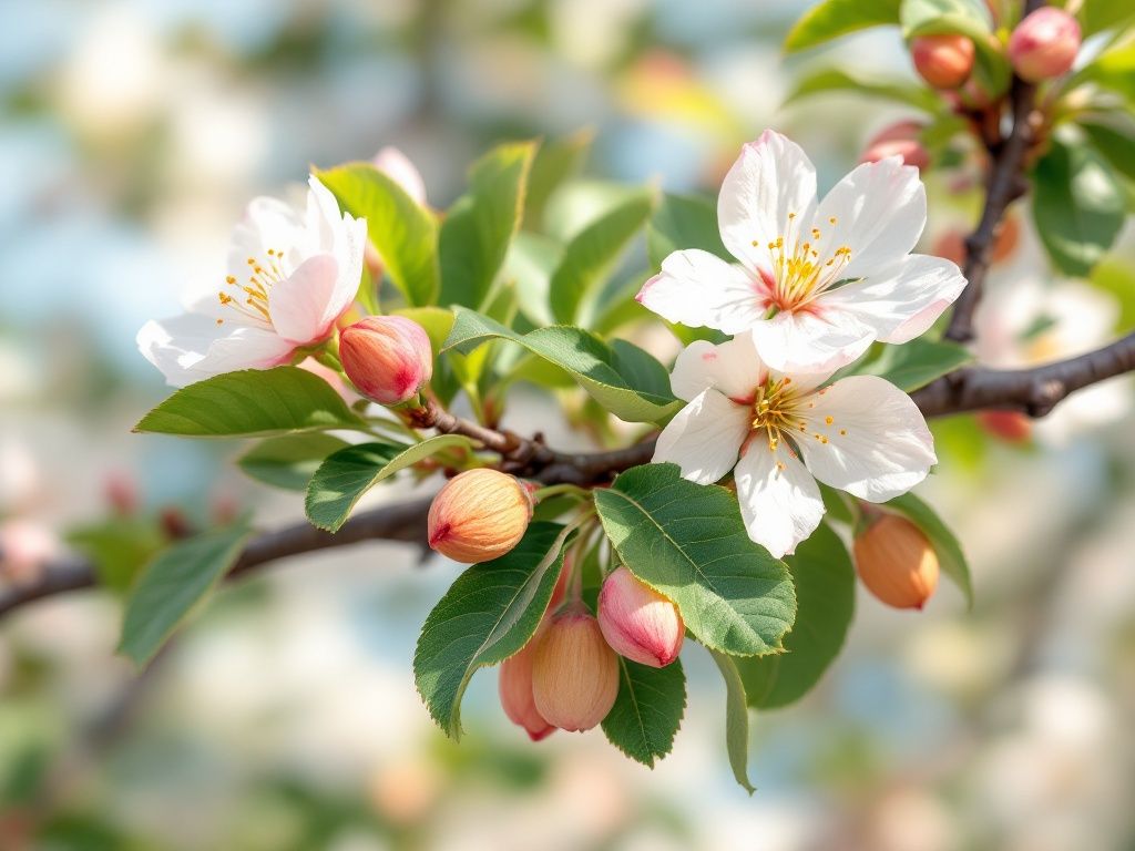 A photorealistic shot capturing an almond tree in bloom, showcasing its flowers and early fruit development