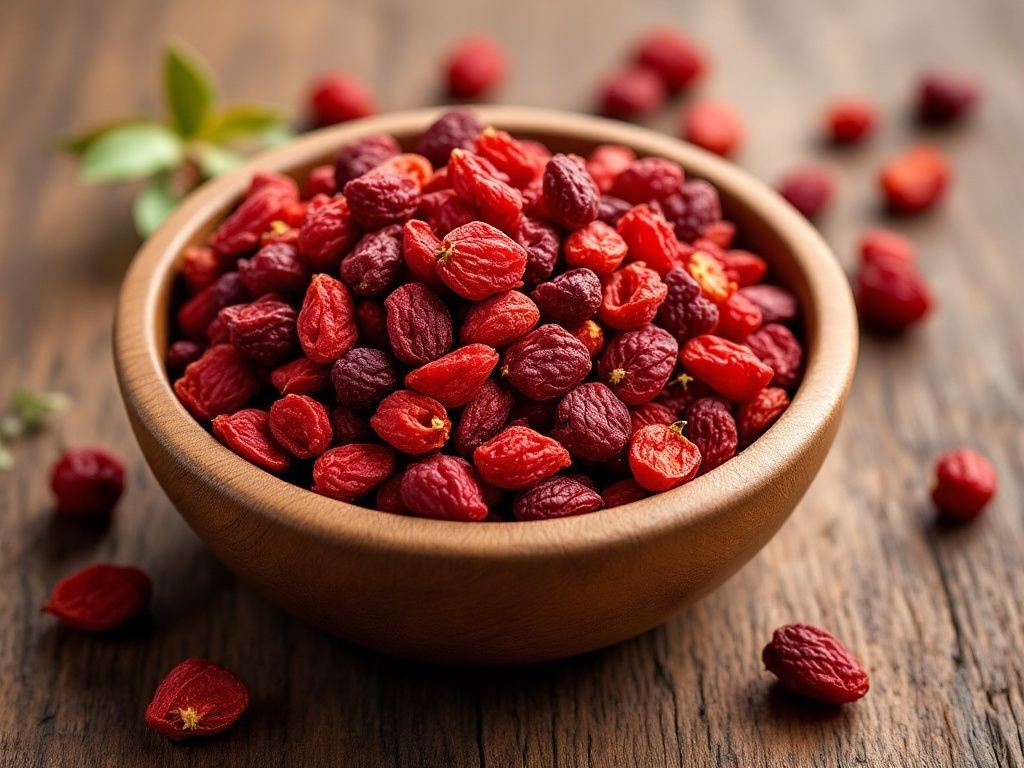 A photorealistic shot capturing a bowl of dried goji berries, highlighting their nutritional value