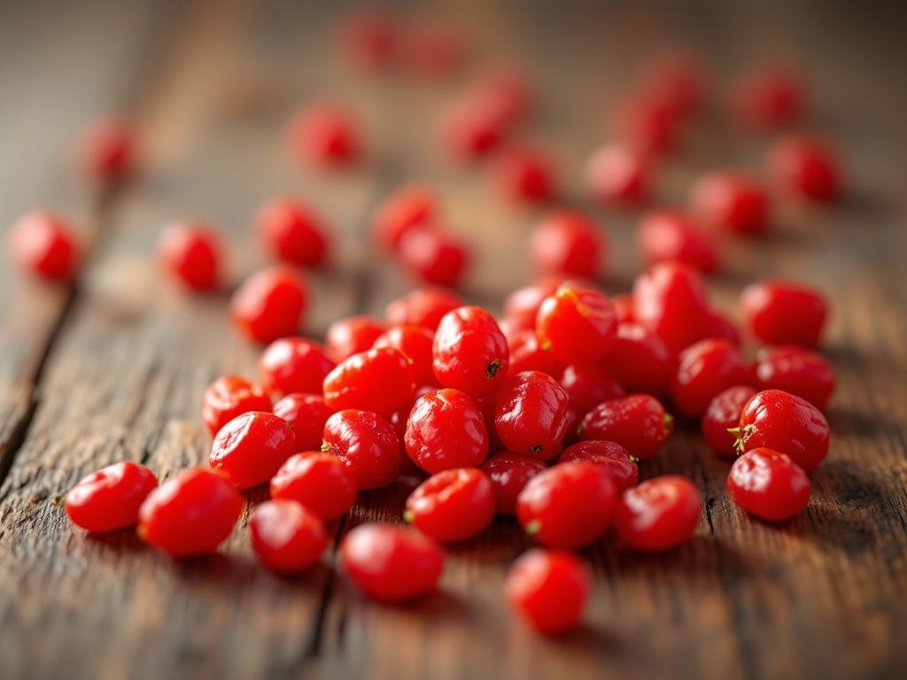 A photorealistic shot capturing goji berries on a wooden table, detailed view of their texture and color