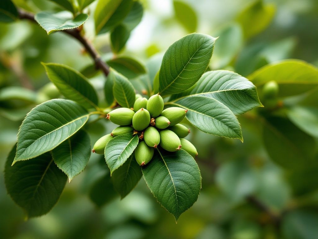 A photorealistic shot capturing a pistachio tree with its distinctive compound leaves and green seeds