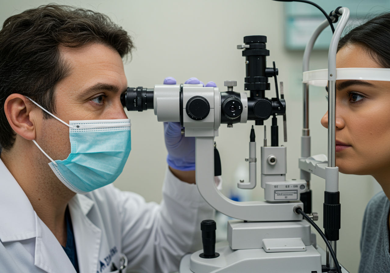 A photorealistic shot capturing an ophthalmologist examining a patient's eye using a slit lamp. The image should show the doctor looking through the microscope of the slit lamp, with the patient's eye visible in the foreground, highlighting the professional setting of an eye examination for allergic conjunctivitis diagnosis.