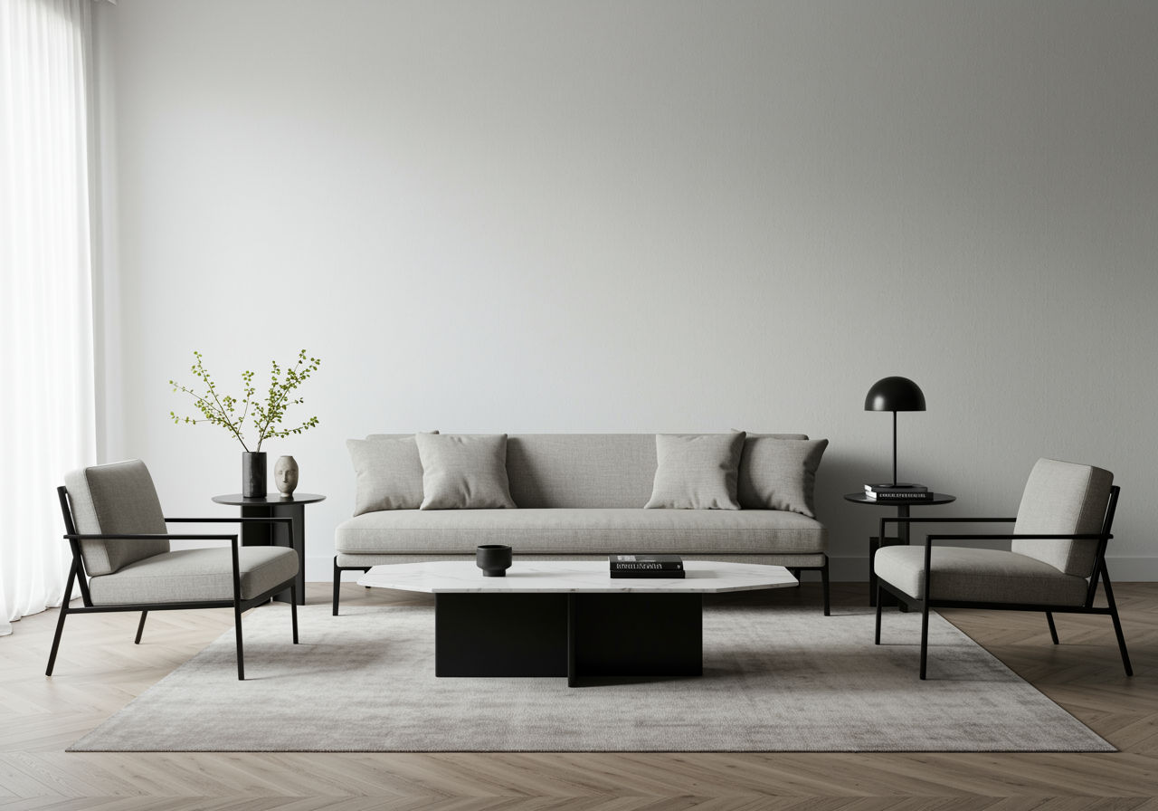 O fotografie fotorealistă care surprinde un living minimalist, cu o canapea elegantă, discretă, cu linii curate, însoțită de o măsuță de cafea geometrică simplă și scaune laterale elegante.