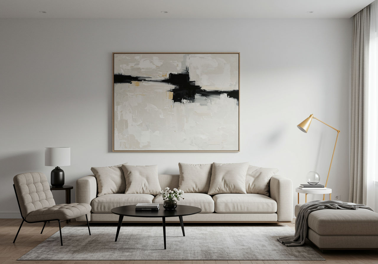 O fotografie fotorealistă care surprinde un living minimalist cu o pictură abstractă mare ca punct focal pe un perete alb, completând mobilierul simplu și schema de culori neutre.