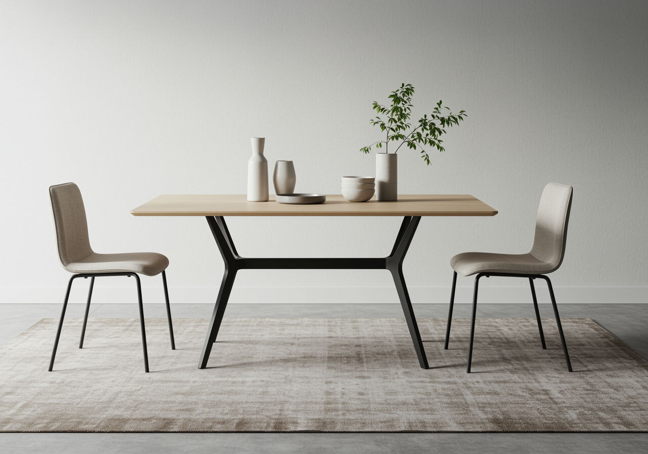 O fotografie fotorealistă care surprinde un set de mobilier minimalist cu un blat din lemn deschis la culoare, contrastat de picioare elegante din metal negru, înconjurat de scaune asortate, evidențiind interacțiunea dintre materiale și culori neutre.