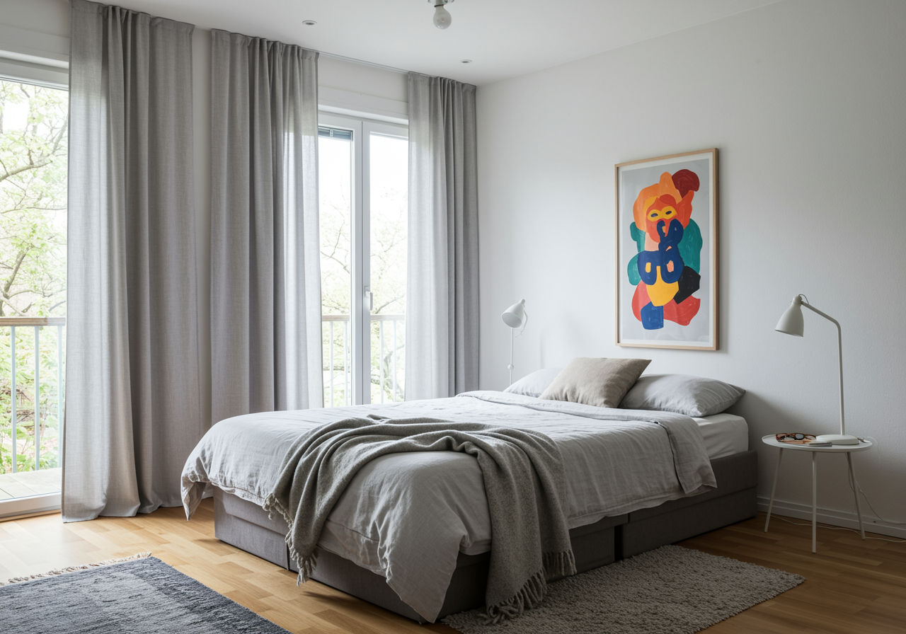 O fotografie fotorealistă surprinzând un dormitor minimalist care aplică regula culorilor 60-30-10, cu 60% pereți albi, 30% lenjerie de pat și perdele gri deschis și 10% culoare de accent într-o operă de artă vibrantă sau o pernă decorativă.