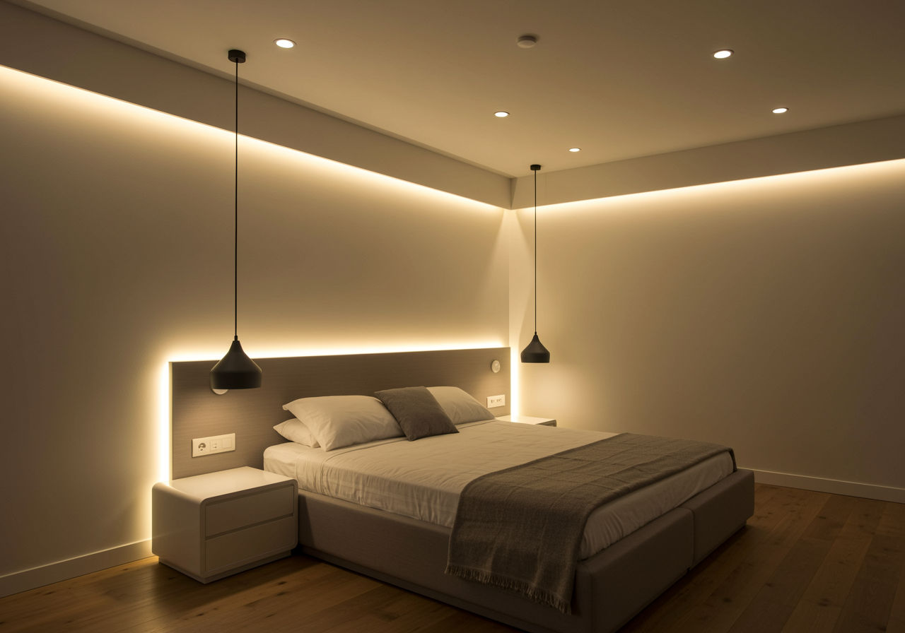 O fotografie fotorealistă care surprinde un dormitor minimalist cu iluminare stratificată, cu spoturi încastrate în tavan, o veioză elegantă de noptieră și benzi LED ascunse, creând o strălucire ambientală caldă.