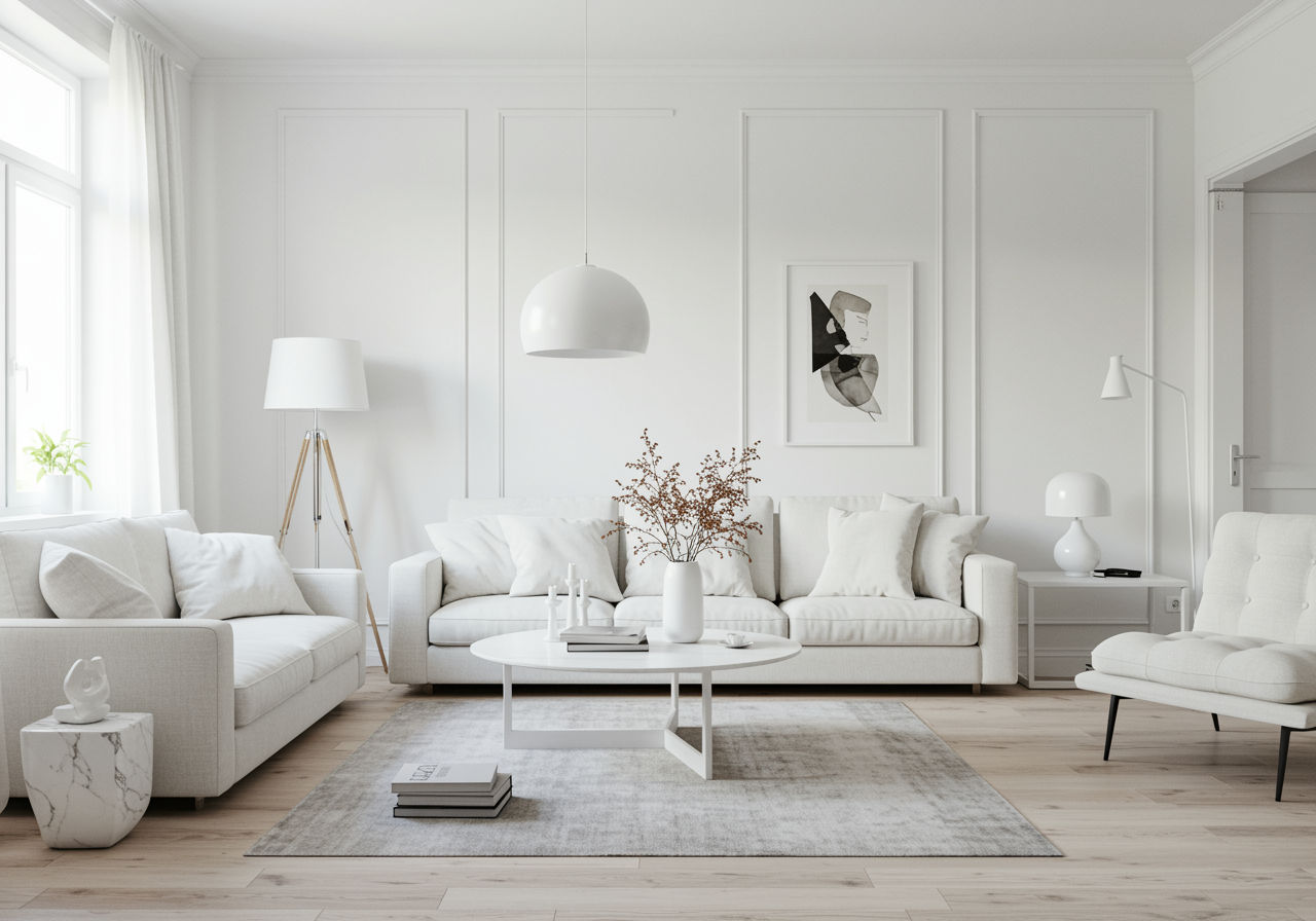 O fotografie fotorealistă care surprinde un living minimalist cu pereți și mobilier predominant albi, demonstrând cum paleta neutră sporește senzația de spațiu și lumină.