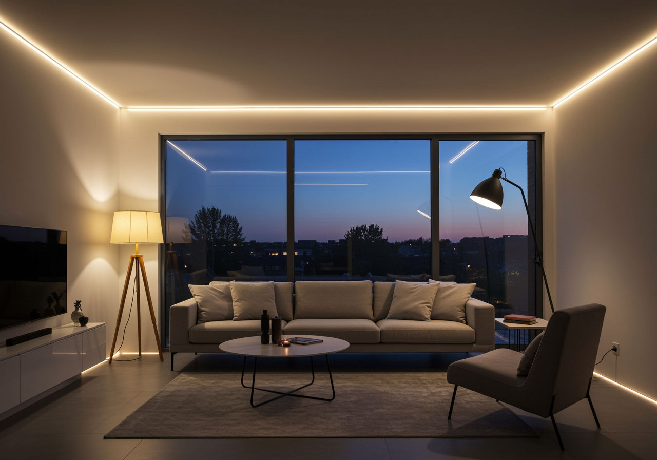 O fotografie fotorealistă care surprinde un living minimalist la amurg, prezentând iluminare stratificată cu o combinație de lumini ambientale de tavan, o lampă de podea impunătoare și benzi LED subtile, creând o atmosferă caldă și primitoare.