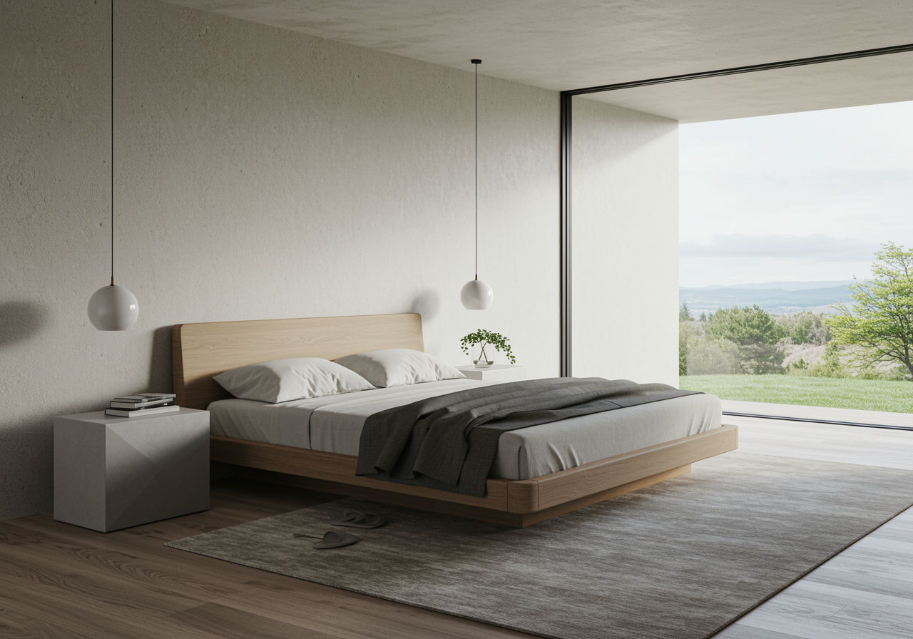 O fotografie fotorealistă care surprinde un dormitor minimalist, cu un pat discret și linii curate, flancat de noptiere geometrice simple și o fereastră dreptunghiulară mare care încadrează o priveliște senină în aer liber.