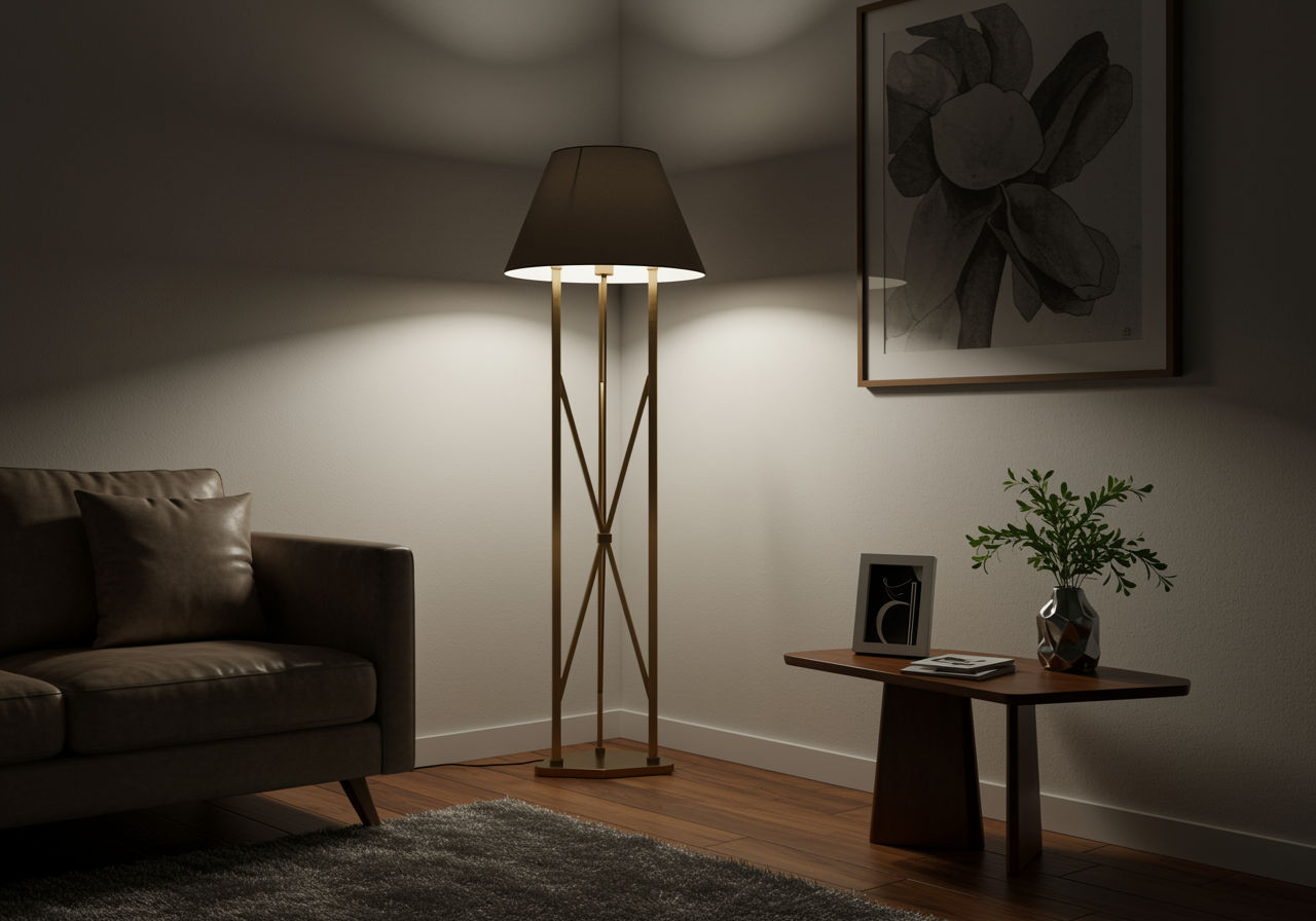 O fotografie fotorealistă care surprinde un colț minimalist al unei camere, cu o lampă de podea elegantă, cu design geometric și finisaj metalic, care aruncă lumină și umbre subtile.