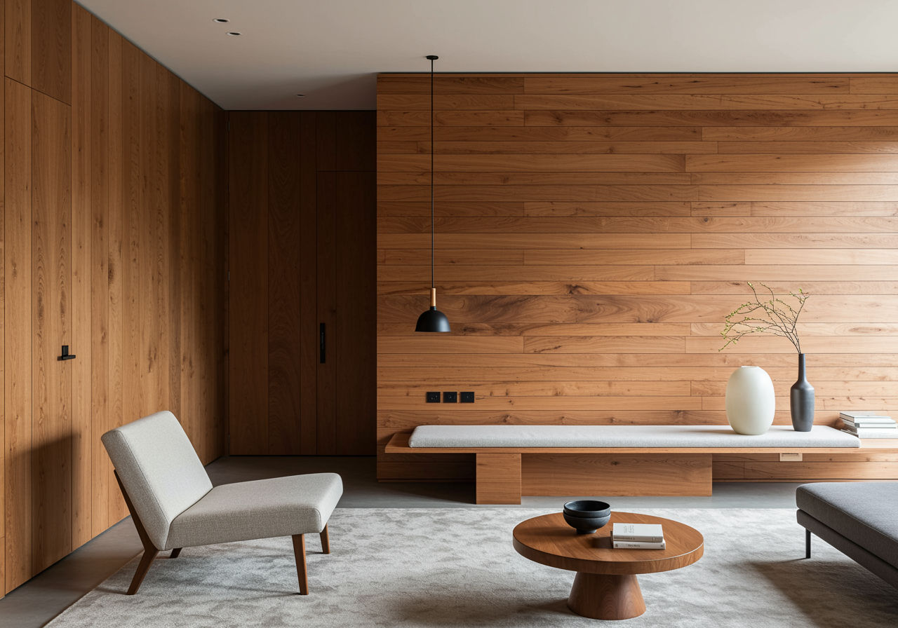 O fotografie fotorealistă care surprinde un interior minimalist cu un element proeminent din lemn, cum ar fi un perete impunător sau o piesă de mobilier mare, evidențiind textura și fibra naturală a lemnului în contrast cu suprafețele netede și neutre.