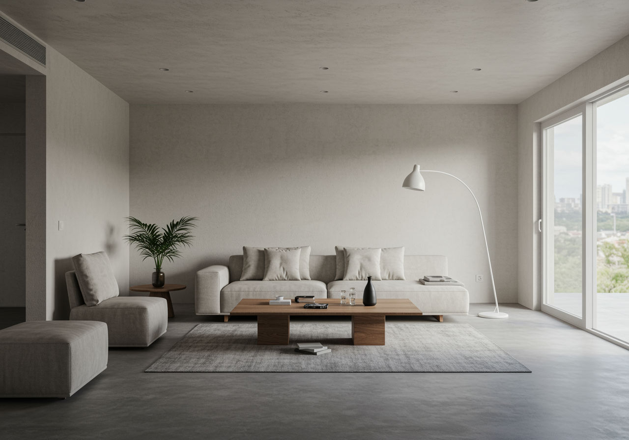 O fotografie fotorealistă care surprinde un spațiu de locuit minimalist și senin, cu linii curate, suprafețe ordonate și ferestre mari care permit pătrunderea luminii naturale, creând o atmosferă calmă și liniștită.