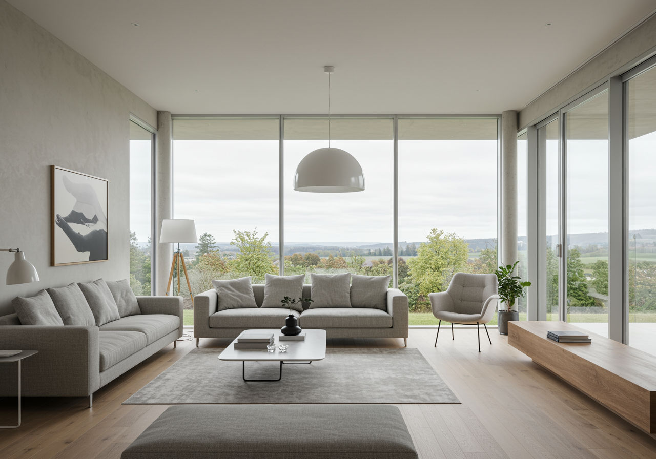 O fotografie fotorealistă care surprinde un spațiu de locuit minimalist, cu ferestre mari, neobstrucționate, care permit luminii naturale să inunde camera, evidențiind liniile curate și mobilierul simplu.