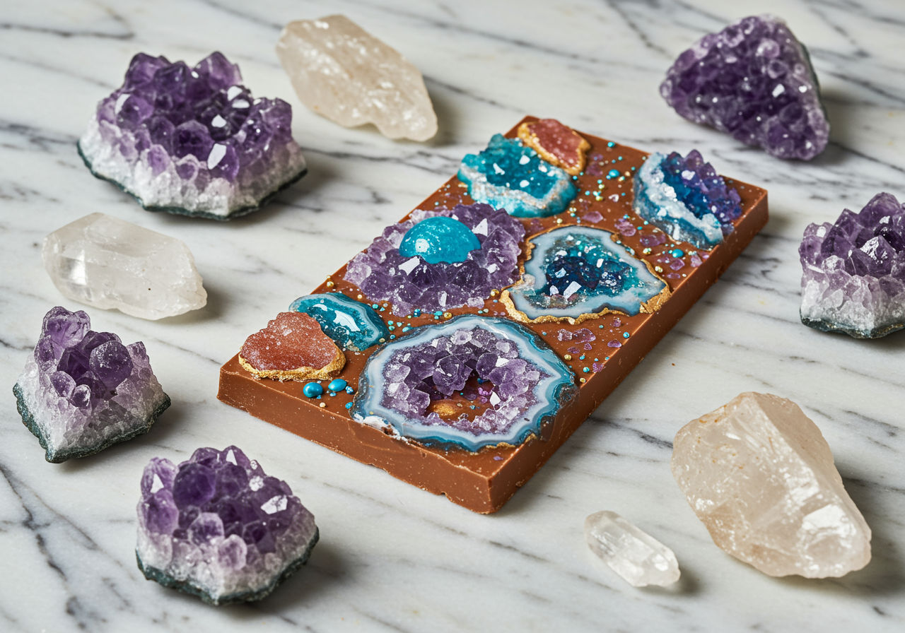 A photorealistic shot capturing an artisanal chocolate bar decorated with colorful sugar crystals mimicking amethyst and quartz geodes, displayed on a sleek marble surface alongside scattered raw amethyst and quartz crystals to highlight the inspiration behind the edible art.