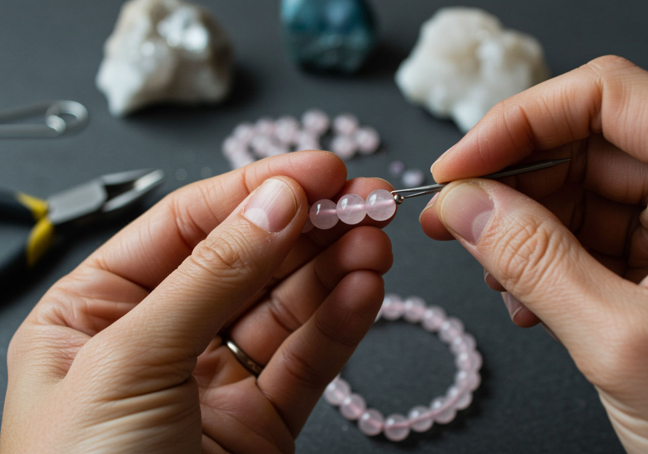 A photorealistic shot capturing hands carefully crafting a delicate bracelet with rose quartz beads, showcasing the intricate process of creating handmade jewelry with semiprecious stones. The image should focus on the detailed work, with tools and additional crystals visible in the background.